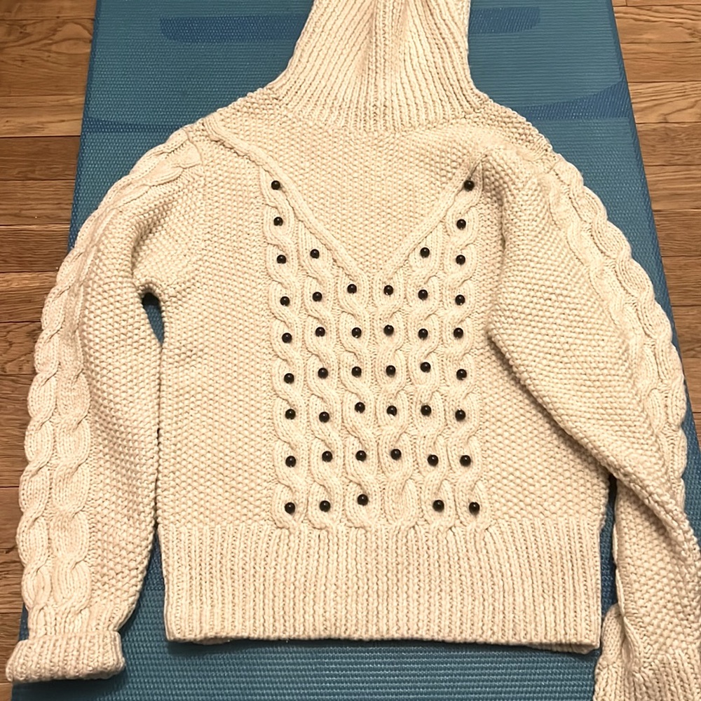French Connection wool blend cable knit turtleneck sweater with black beads